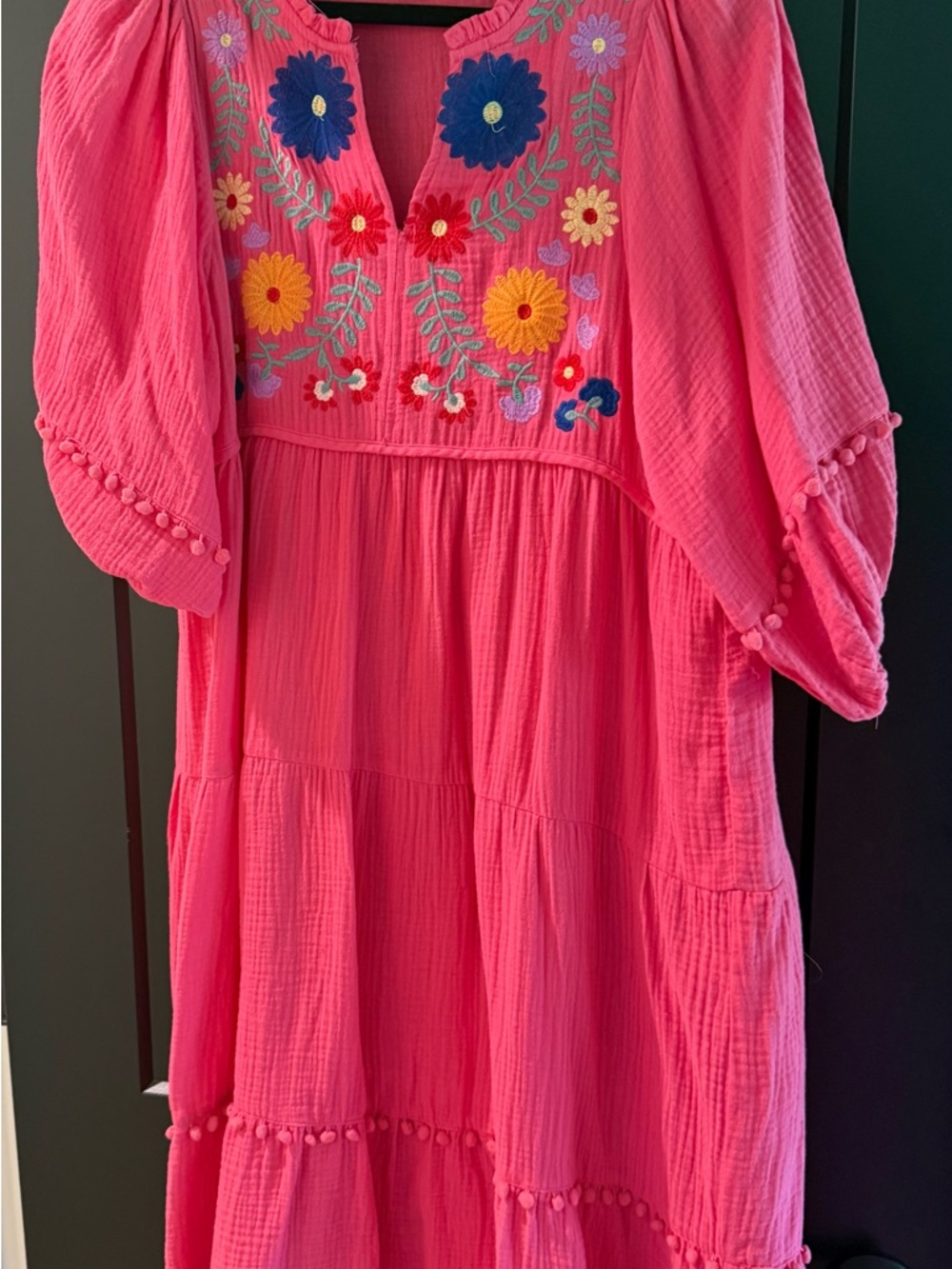 Umgee Hot Pink Embroidered Tiered Midi Dress